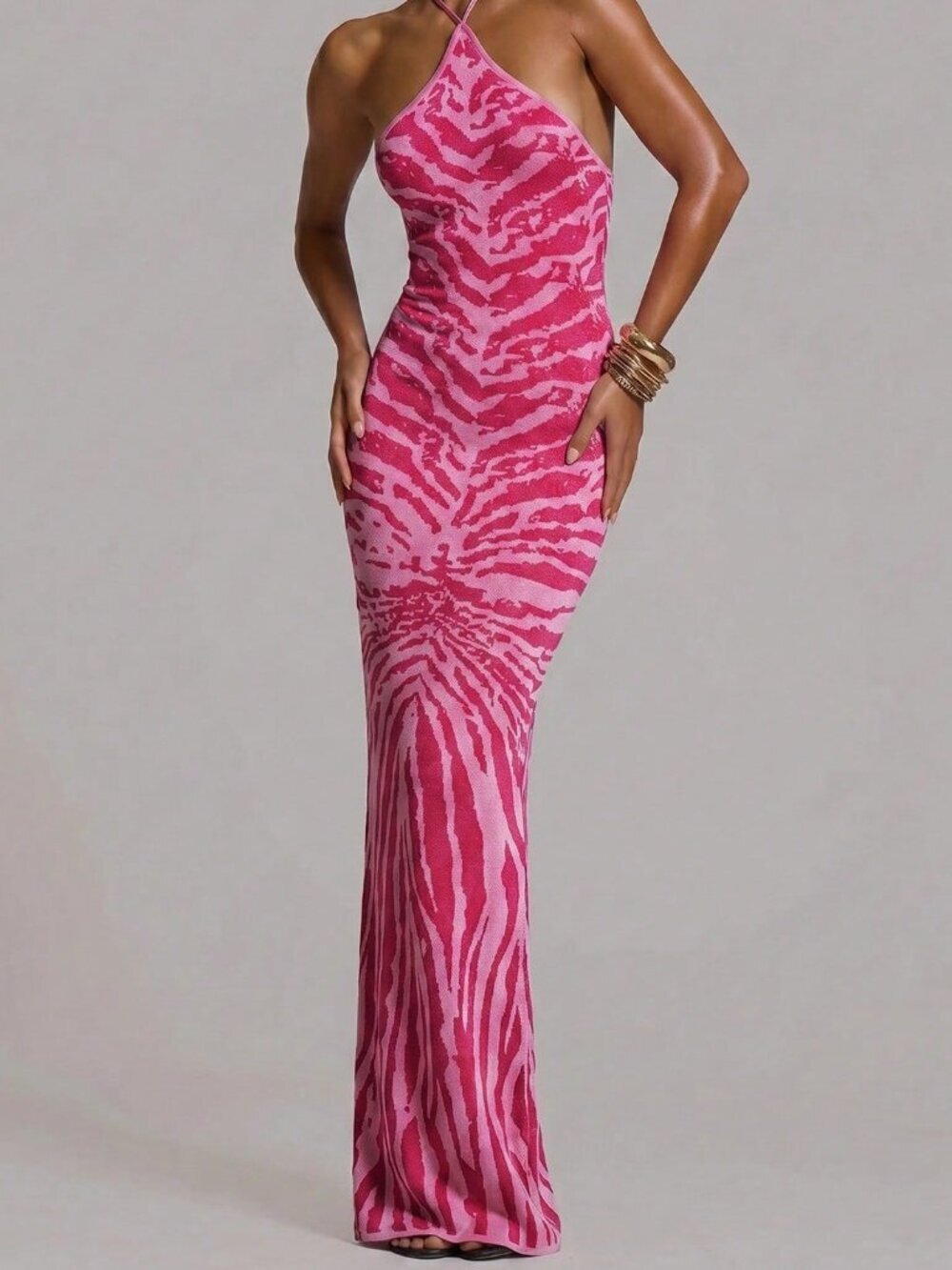 Pink Sexy Women's Fitted Knit Halterneck Maxi Dress